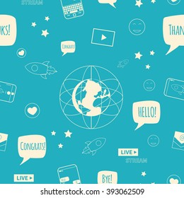 Different line style icons seamless pattern. Technology, digital world, rocket launch, sms bubbles, earth, smart phone, live stream, e-mail, text stickers. Vector illustration