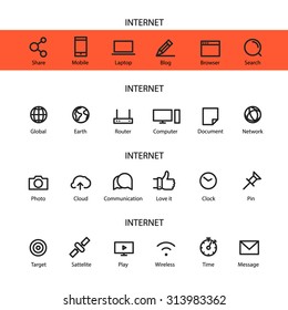 Conjunto de iconos de estilos de línea diferentes. Internet