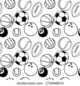 Different line style sport icons. Seamless pattern. 