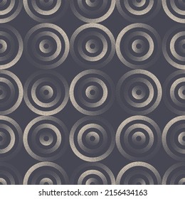 Different Linear Circles Seamless Pattern Vector Ethnic Geometric Abstract Background. Retro Style 70s Dotted Graphic Ellipse Grid Repetitive Gray Wallpaper. Folk Fashionable Ornament Art Illustration
