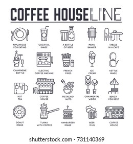 Different line-drawn icons dedicated to food and coffee house. Layout modern vector background illustration design concept