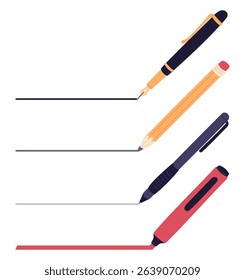 Different lines on paper from fountain pen and pencil. writing with ballpoint or marker. Straight handwritten stroke. Pencil underline. Quill drawing and signing. Vector