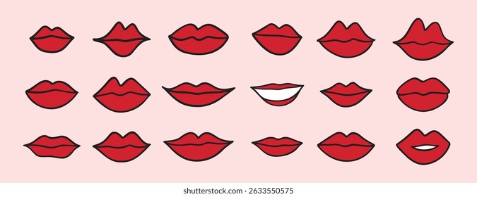 verschiedene Lippen Doodle handgezeichnete Icon-Set. Cartoon Zeichnung rote Lippen Linie Clipart-Symbolsammlung. Vektorgrafik