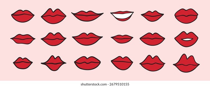 lábios diferentes rabiscar mão desenhado ícone conjunto. Desenho de desenho animado lábios vermelhos linha clipart coleção de símbolos. Ilustração vetorial