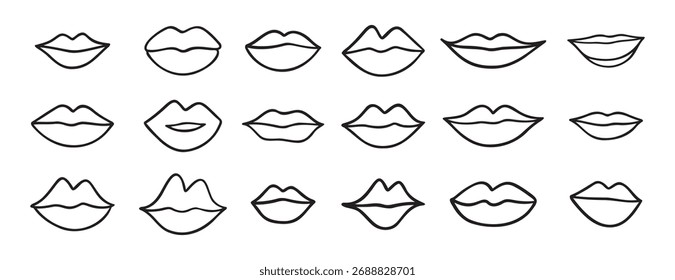 Diferentes labios doodle dibujado a mano conjunto de iconos. Colección de símbolos de Clipart de líneas de labios de dibujo de contorno. Ilustración vectorial