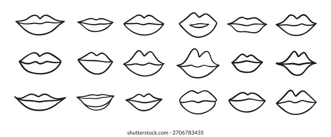 different lips doodle hand drawn icon set. Outline drawing lips line clipart symbol collection. Vector illustration