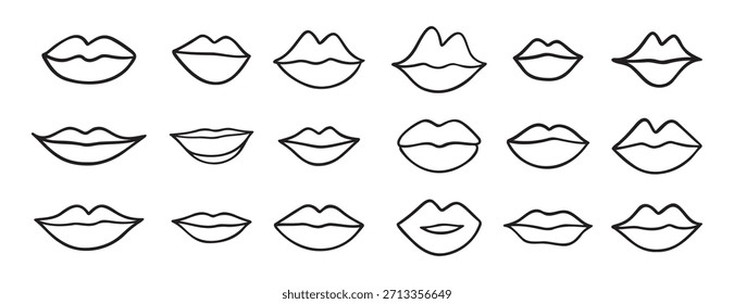 Diferentes labios doodle dibujado a mano conjunto de iconos. Colección de símbolos de Clipart de líneas de labios de dibujo de contorno. Ilustración vectorial
