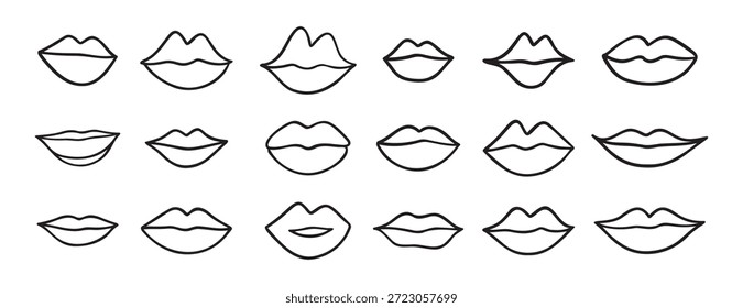 different lips doodle hand drawn icon set. Outline drawing lips line clipart symbol collection. Vector illustration