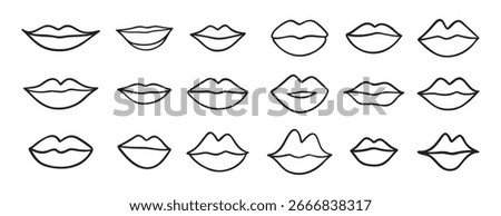different lips doodle hand drawn icon set. Outline drawing lips line clipart symbol collection. Vector illustration