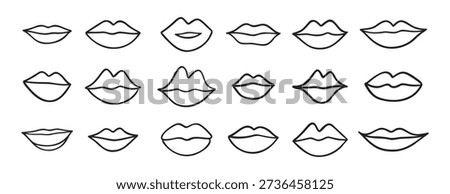 different lips doodle hand drawn icon set. Outline drawing lips line clipart symbol collection. Vector illustration
