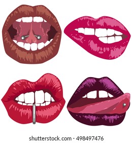 Different lips. Fashionable piercing. Objects. Fashion illustration. Set lips.