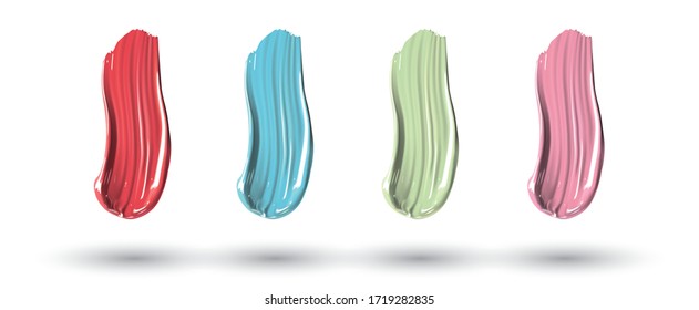 Different lipstick, paint or cream smears on white background. Beauty and cosmetics minimalist concept. Elements for flyer, banner, leaflet. Template Vector