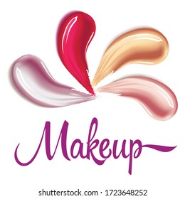 Different lipstick smears on white background. Beauty and cosmetics minimalist concept. Cosmetic liquid foundation make up template. Elements for flyer, banner, leaflet