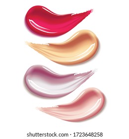 Different lipstick smears on white background. Beauty and cosmetics minimalist concept. Cosmetic liquid foundation make up template. Elements for flyer, banner, leaflet