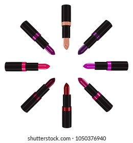 Different lipsticks forming a circle on isolated white background. Vector illustration. 