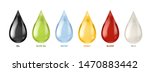 Different liquids drops. Colorful droplets of oil, honey and milk, water. Petrol and blood falling drop realistic, gold and white lubricant ink colors dropped vector set
