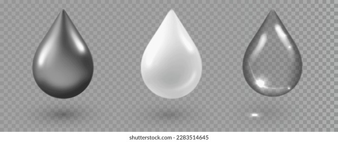 Different liquids drops template isolated on transparent background. Vector realistic serum droplet of drug or collagen essence. Water drop set