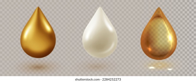 Different liquids drops. Translucent, white and gold drop of cosmetics. liquid essence, vitamin, machine oil, cosmetic or milk vitamin white bubble.