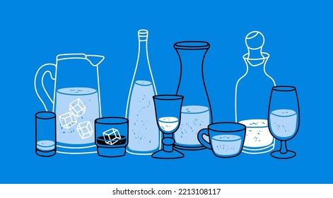 Different liquids in Various containers. Beverage in the bottle, glass, jug, cup and mug. Blue and white colors. Hand drawn modern Vector illustration. Bar, restaurant menu design template