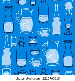 Different liquids in Various containers. Beverage in the bottle, glass, jug, cup and mug. Blue and white colors. Hand drawn modern Vector illustration. Square seamless Pattern. Background, wallpaper