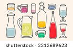 Different liquids in Various containers. Colorful beverage in the bottle, glass, jug, cup and mug. Hand drawn modern Vector illustration. Bar, restaurant menu design templates. Isolated elements