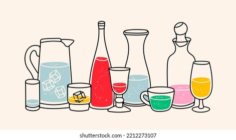 Different liquids in Various containers. Colorful beverage in the bottle, glass, jug, cup and mug. Hand drawn modern Vector illustration. Bar, restaurant menu design template