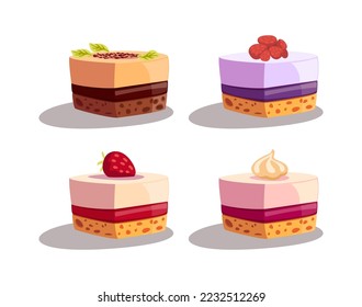 Different little cakes on plates vector illustrations set. Collection of cartoon drawings of sweet treats with layers of sponge and souffle isolated on white background. Desserts, food concept