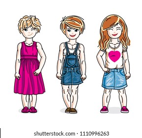 Different little girls cute children standing in stylish casual clothes. Vector diversity kids illustrations set.