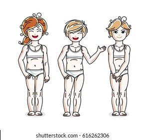 Different little girls cute children standing in white underwear. Vector kids illustrations set.