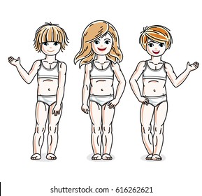 Different little girls cute children standing in white underwear. Vector kids illustrations set.
