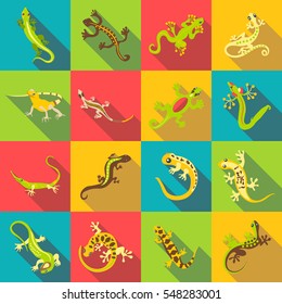 Different lizard icons set. Flat illustration of 16 different lizard vector icons for web