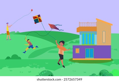 In different locations, three friends are happily engaging in kite flying as they commemorate Makar Sankranti