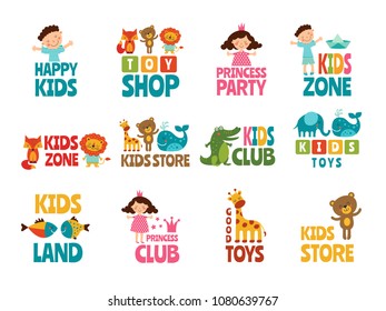 Different logos for kids with funny colored illustrations