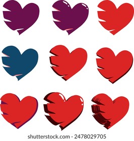 Diferentes logotipos rotos corazón rojo fino y color púrpura sobre fondo transparente. Ilustración vectorial de corazón con arañazos de garras en el lado izquierdo. Múltiples Elementos con sombra y profundidad.