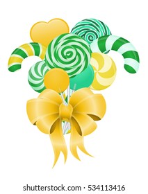 Different lollipops with yellow bow on white background. Vector illustration. 