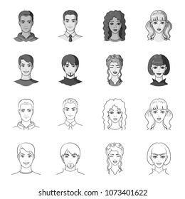 Different looks of young people.Avatar and face set collection icons in outline,monochrome style vector symbol stock illustration web.