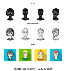 Different looks of young people.Avatar and face set collection icons in black, flat, monochrome style vector symbol stock illustration web.