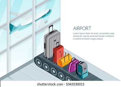 Different luggage, suitcase, bags on conveyor belt near airport terminal window. Vector 3d isometric illustration. Checked baggage, travel by aircraft and tourism concept. Banner with copy space.