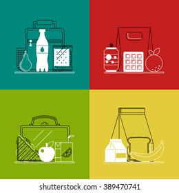 Different lunchboxes on colorful background. Trendy linear style. Icons and emblems related to lunch time, school and office food. Vector healthy and fast food concepts and logo design templates.