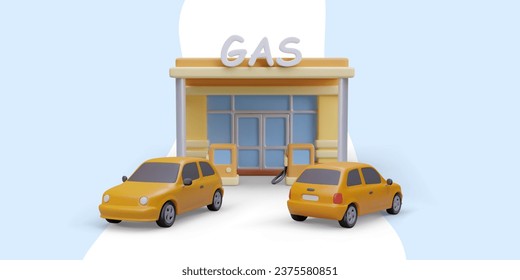 Different machines waiting to refuel car. Realistic model of gas station with yellow automobiles near. Station for filling car with gasoline or gas. Vector illustration in 3d style