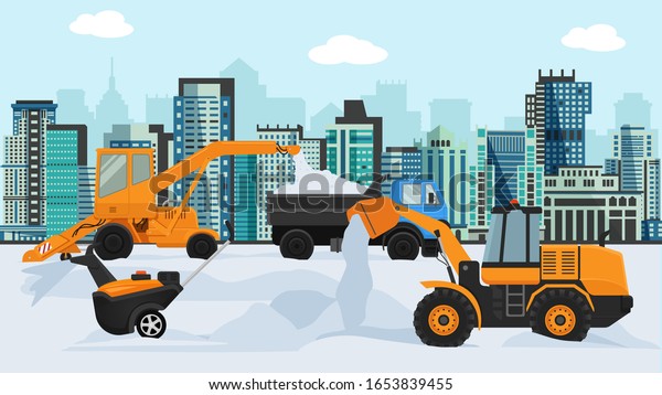 Different machines in winter\
removing snow vector illustration. Big and small wheeled snow\
blowers, lorry, tipper truck. City street, buildings houses\
megapolis\
background.