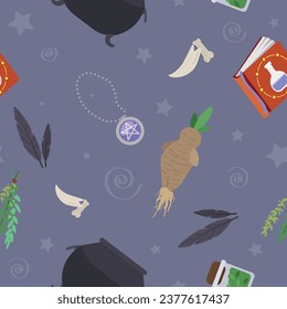 Different magic attributes for witchcraft on lilac background. P