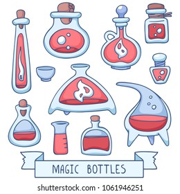 Different magic bottles vector set of pictures for design and illustration.