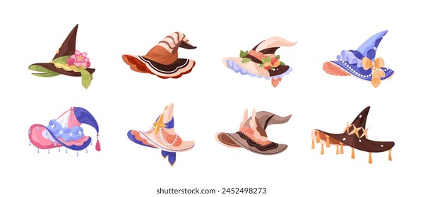 Different magic pointed hats set. Various cute decorated witch caps with wings, stars, flowers. Fairy accessory of wizard Halloween party costume. Flat isolated vector illustration on white background