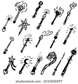 Différentes baguettes magiques, en noir et blanc . Image vectorielle graphique isolée, gribouillage, dessin à la main, avec texture