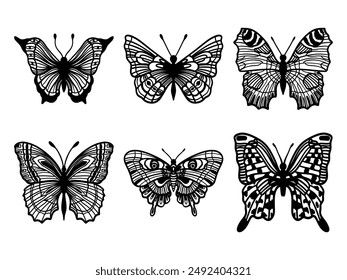 Different magical butterflies set in linear sketch style. Boho insects