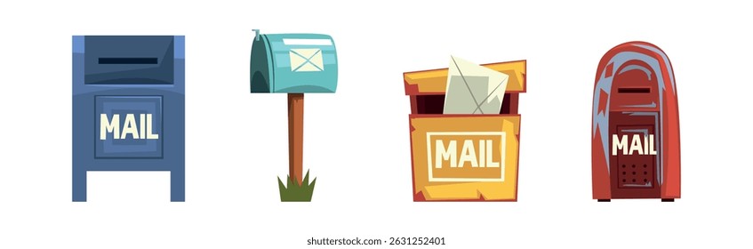 Different Mail and Post Box on Pole Vector Set