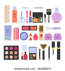 Different makeup accessories for girls and women. Cosmetics illustrations in flat style