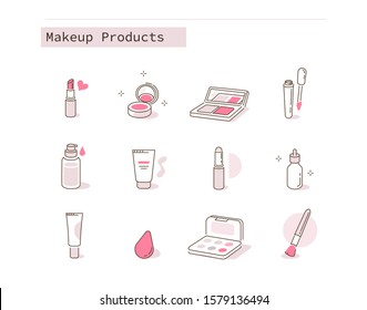 Different Makeup Cosmetic Icons Collection. Containers and Bottles with Beauty Products. Facial Foundation, Lipstick, Serum and other Make Up Cosmetics. Flat Line Cartoon Vector Illustration.