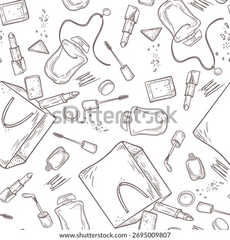 Different makeup products flying Seamless Pattern Black White Vector. Hand drawn line art beauty cosmetics, perfume, lipstick scattered on repeat background. Feminine accessories outline drawing.